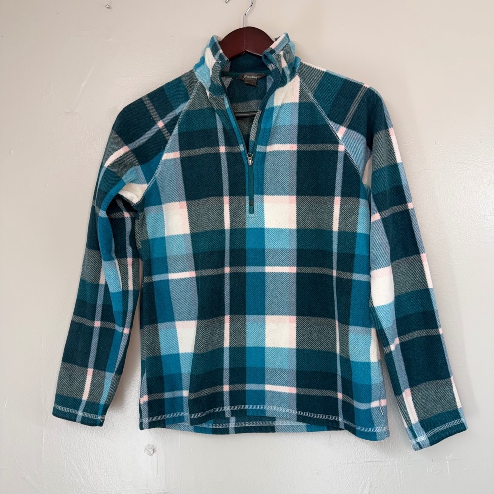 Eddie Bauer Womens Teal Plaid Quarter Zip Fleece Pullover Sweater Size S